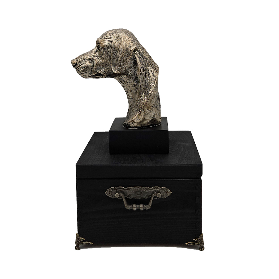 Hund Holz Urne Dobermann mit Statue und Gravur 14